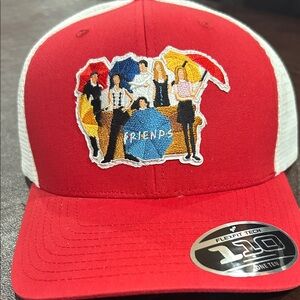 Red and White Trucker Hat with Friends Embroidered Patch